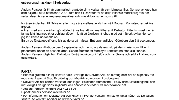 ​Anders Persson åter till Delvator i Sydsverige