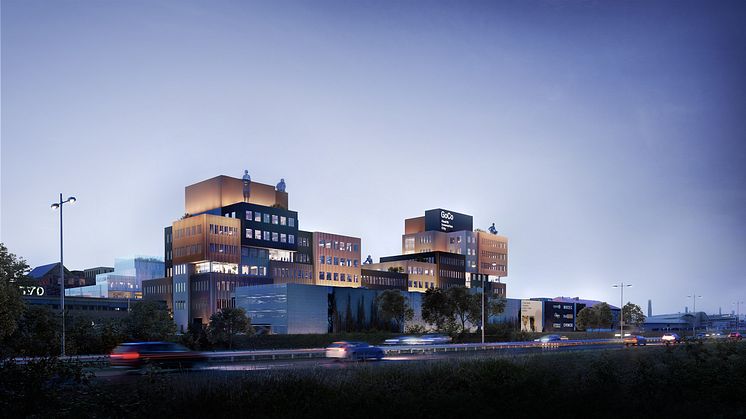 ”GoCo house” med två torn blir signaturbyggnad för GoCo Health Innovation City, granne med E6 i Mölndal. Bild: Semrén & Månsson