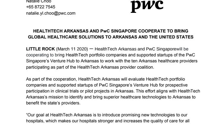 Healthtech Arkansas and PwC Singapore cooperate to bring global healthcare solutions to Arkansas and the United States