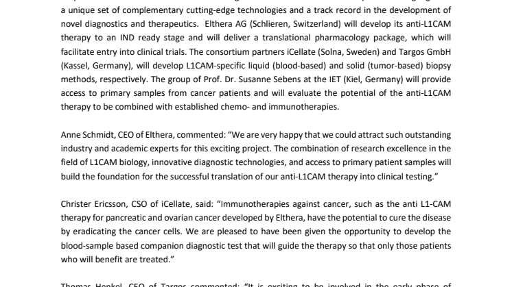 Elthera-led consortium initiates development of novel cancer diagnostics and therapeutics