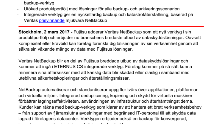 Fujitsu breddar dataskyddserbjudandet med Veritas NetBackup