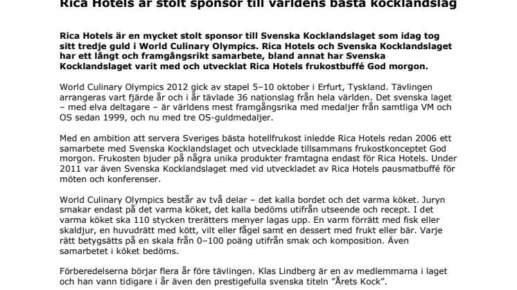 OS-guld! Rica Hotels är stolt sponsor till världens bästa kocklandslag