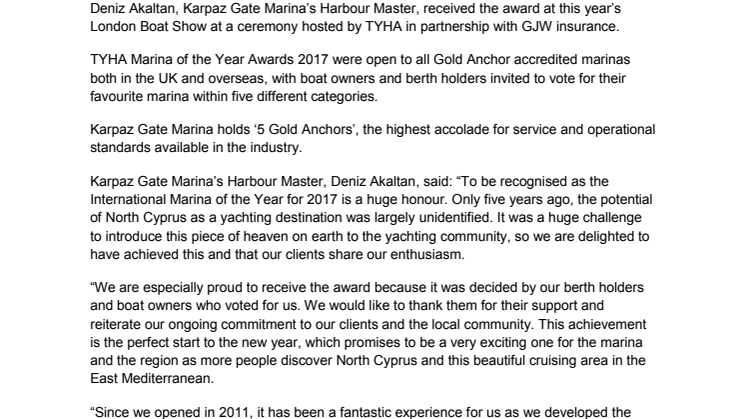 Press Kit #2: Karpaz Gate Marina Wins TYHA International Marina of the Year Award 2017