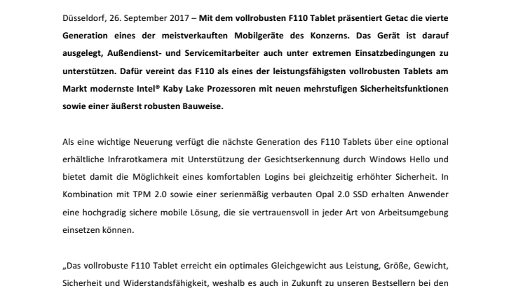 ​MAXIMALE PERFORMANCE UND MEHRSTUFIGES SICHERHEITSKONZEPT: GETAC PRÄSENTIERT VOLLROBUSTES F110 TABLET DER NÄCHSTEN GENERATION