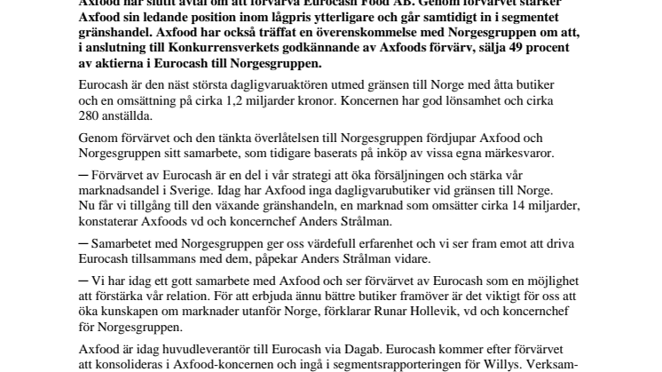 Axfood och Norgesgruppen förvärvar Eurocash Food AB