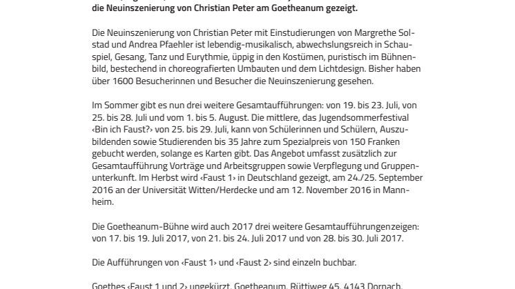 ‹Faust› am Goetheanum: Drei weitere Aufführungen 2017  – Start der Sommeraufführungen von Goethes ‹Faust 1 und 2› (ungekürzt)