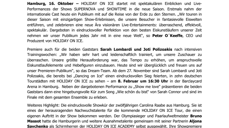 HOLIDAY ON ICE feiert Saisoneröffnung: spektakuläre Cast-Performances und leidenschaftliche Starkür von Sarah Lombardi