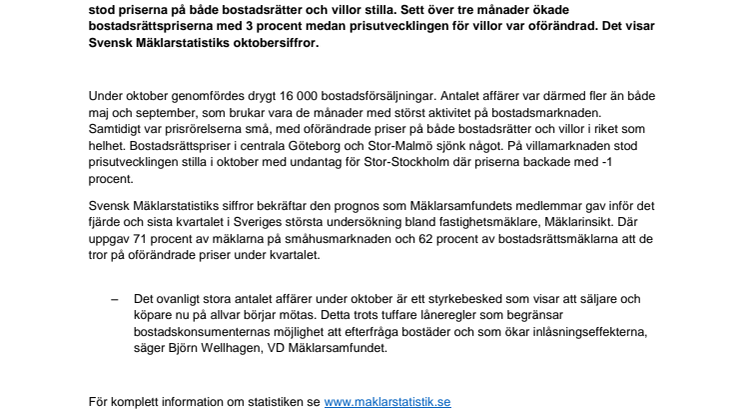 Kommentar till Svensk Mäklarstatistik: ”Ett styrkebesked för bostadsmarknaden”