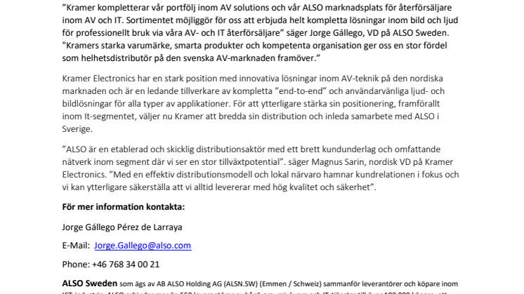 Kramer Electronics breddar sin distribution i Sverige och väljer ALSO som distributionspartner