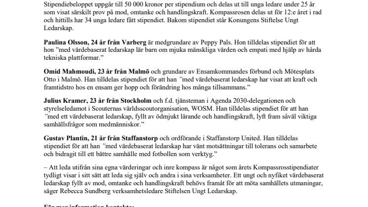 H.M. Konungen ger unga ledarförebilder stipendium - årets Kompassrosstipendiater utsedda