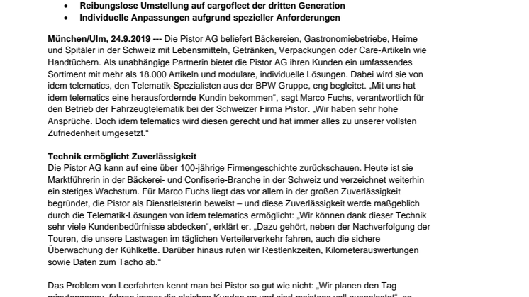 Pistor AG nutzt idem telematics im anspruchsvollen Verteilerverkehr