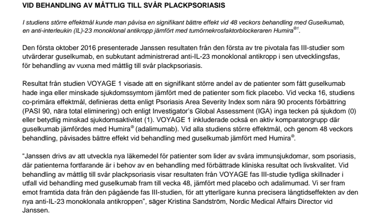 Ny fas 3-data visar bättre effekt med guselkumab jämfört med Humira vid behandling av måttlig till svår plackpsoriasis
