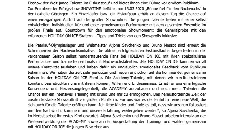 HOLIDAY ON ICE ACADEMY startet Talentaufruf für Göttingen – Aljona Savchenko und Bruno Massot unterstützen die Nachwuchsinitiative