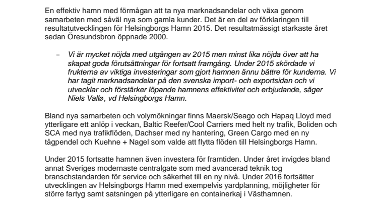 ​​Helsingborgs Hamn går mot ett nytt rekordår 2015