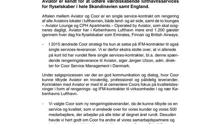 Aviator i Københavns Lufthavn har valgt Coor som ny rengøringsleverandør