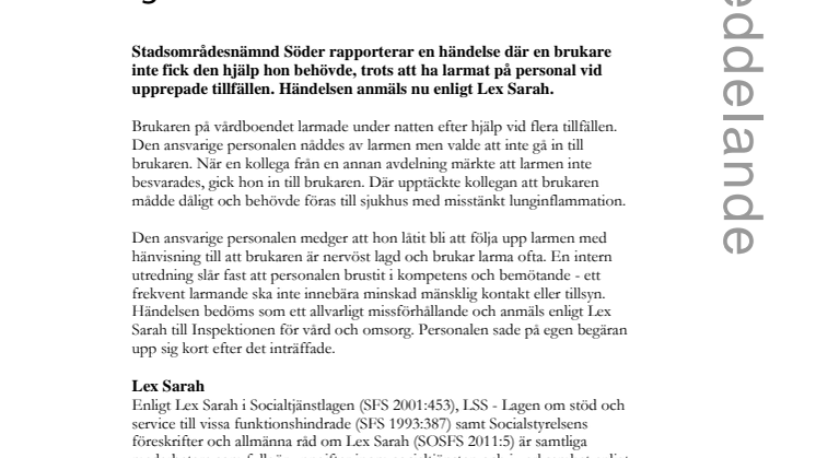 Larm på vårdboende ignorerades