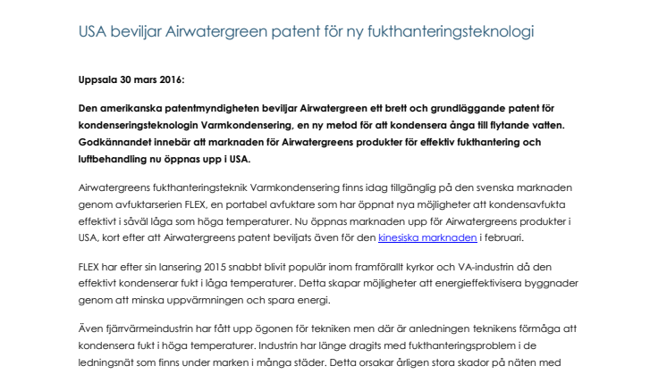 USA beviljar Airwatergreen patent för ny fukthanteringsteknik