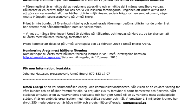 Umeå Energi efterlyser årets mest hållbara förening