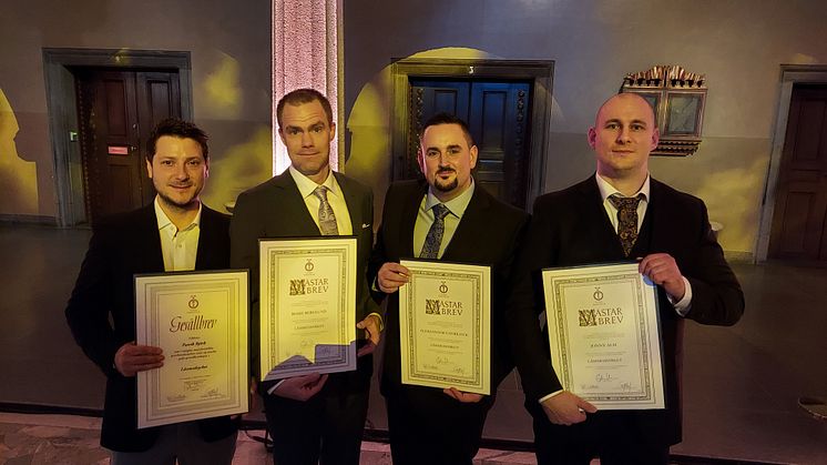 På bilden syns gesäll- och mästarbrevsinnehavarna Patrik Björk, Bosse Berglund, Alex Gavrilovic och Jonny Alm.