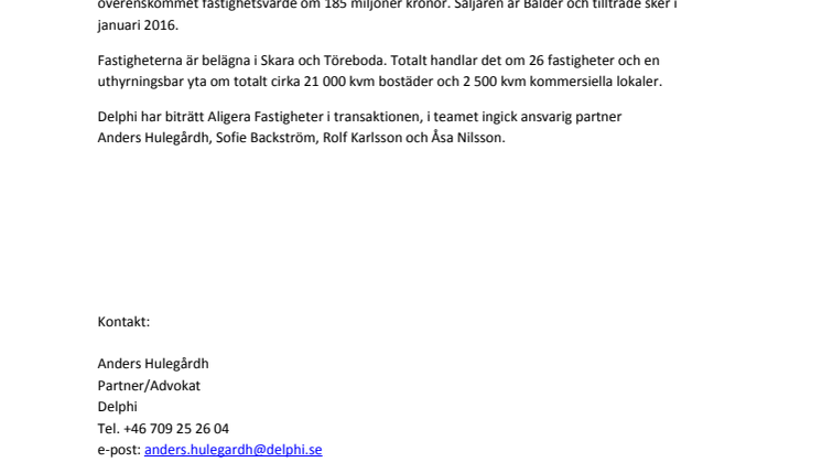 Delphi rådgivare åt Aligera Fastigheter vid köp av fastigheter