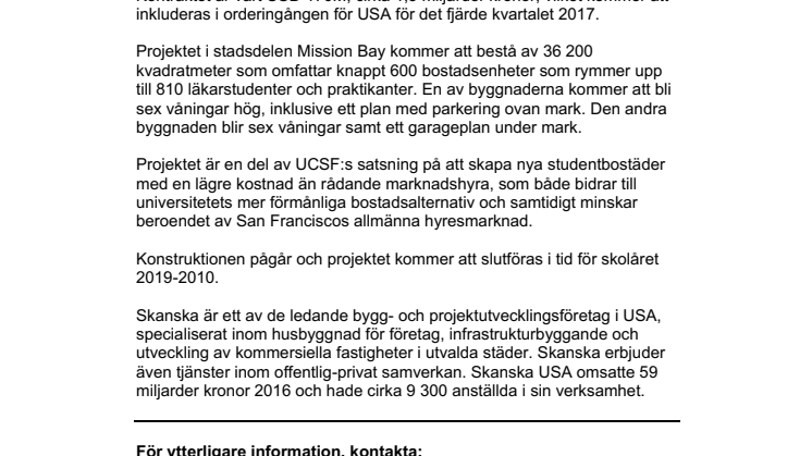 Skanska bygger studentboende i San Francisco, USA, för USD 170M, cirka 1,5 miljarder kronor