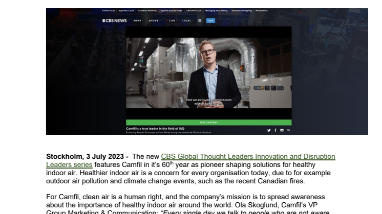 Camfil press release_2023_ Camfil joins Intel, Medscape and Microsoft for CBS Innovation  Disruption Leaders Series_ July 2023.pdf