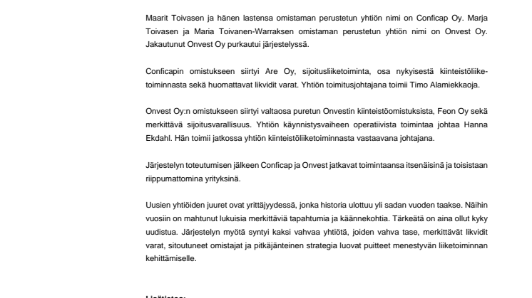 Onvest jakautui kahdeksi yhtiöksi 30.4.2018 – Uusien yhtiöiden nimet ovat Conficap Oy ja Onvest Oy