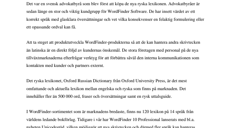 WordFinder Software lanserar ryska lexikon