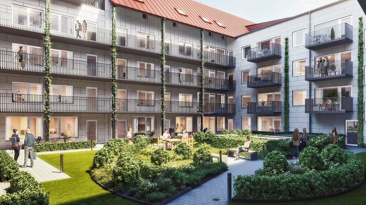 Den gemensamma innergården förbinder hyresrätter med bostadsrätter.