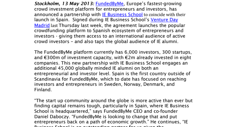 FundedByMe and IE Business School announce innovative global collaboration