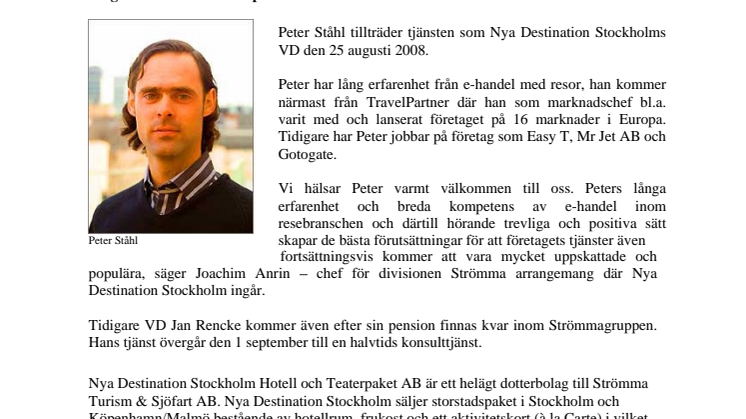 Ny VD till Destination Stockholm Hotel & Teaterpaket AB