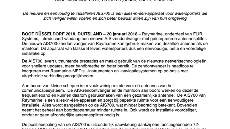 Raymarine - boot Düsseldorf: Raymarine introduceert nieuwe AIS-zendontvanger met geïntegreerde antennesplitter