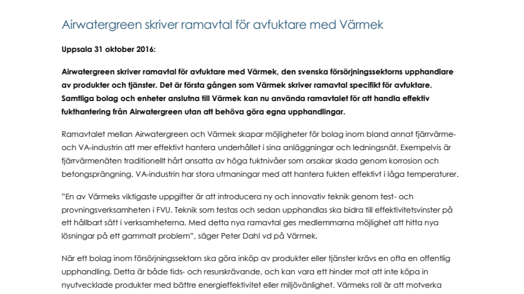 Airwatergreen skriver ramavtal för avfuktare med Värmek