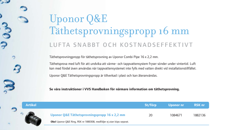 Lufta snabbt och kostnadseffektivt med Uponor Q&E Täthetsprovningspropp 16 mm