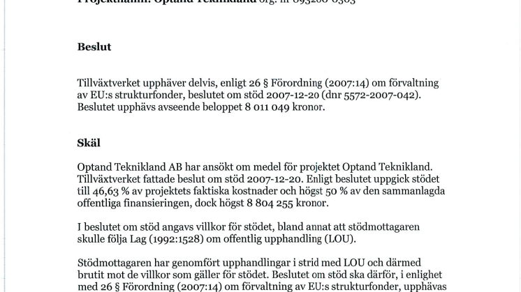 Beslut upphäva stöd