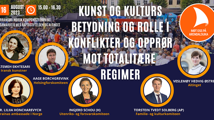 Kulturpolitisk panelsamtale under Arendalsuka 2023. Arrangør: Norsk Komponistforening i samarbeid med Altinget og Raftostiftelsen.