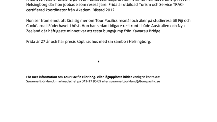 Ny medarbetare hos researrangören Tour Pacific