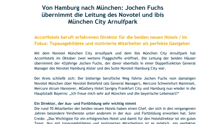 Von Hamburg nach München: Jochen Fuchs übernimmt die Leitung des Novotel und ibis München City Arnulfpark