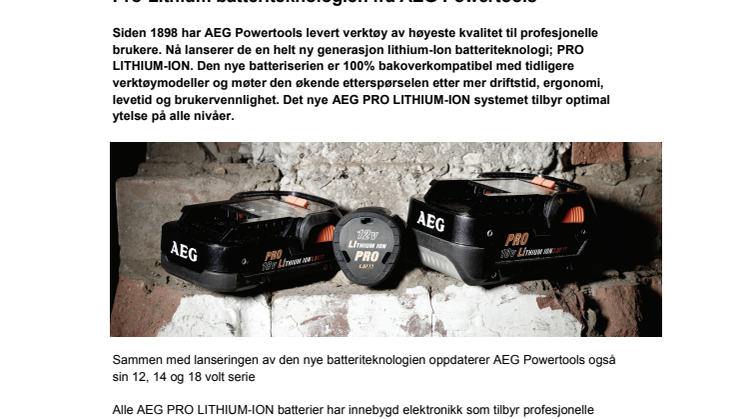 Rå batteridrevet kraft med Pro-Lithium batteriteknologien fra AEG Powertools 