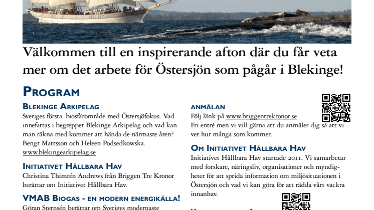 Program - Hållbara Hav/briggen Tre Kronor i Karlshamn 25-26 juli - seminarium, öppet skepp, seglingar