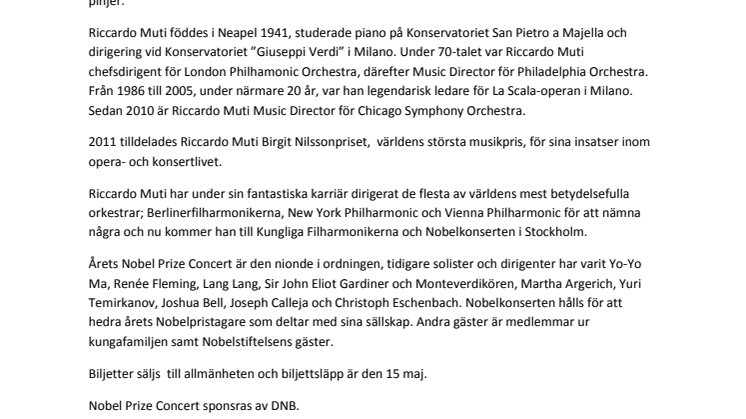 Legendary maestro Riccardo Muti to conduct the 2013 Nobel Prize Concert