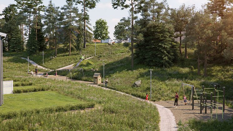 Illustration av kommande lekpark i området, BoKlok Lillgården i Mariefred. 