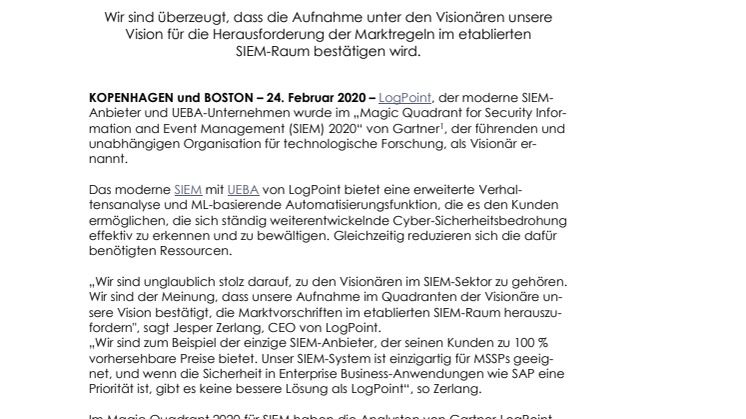 LogPoint wird im „Magic Quadrant for Security Information and Event Management“ als Visionär ernannt