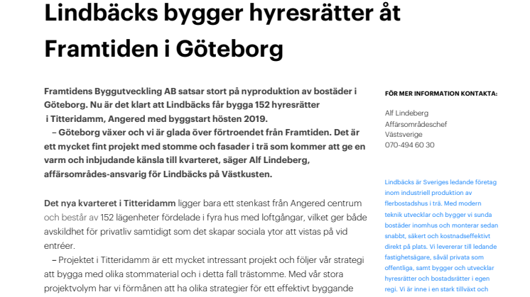Lindbäcks bygger hyresrätter åt Framtiden i Göteborg