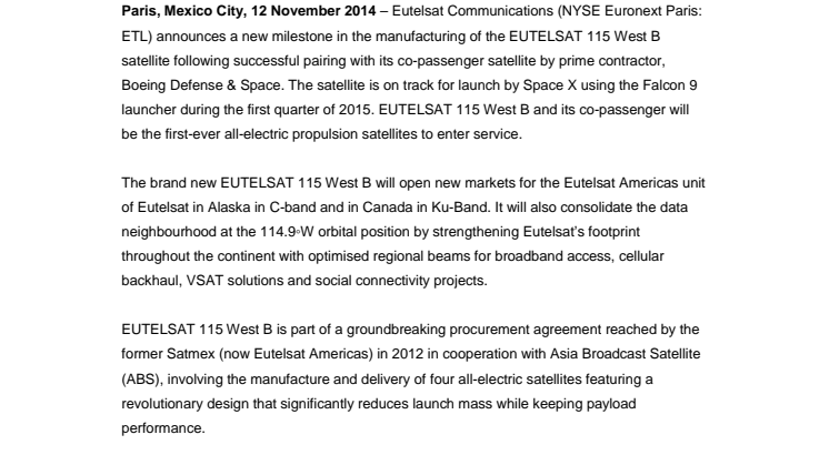 EUTELSAT 115 West B stacked photo released in preparation for Q1 2015 launch