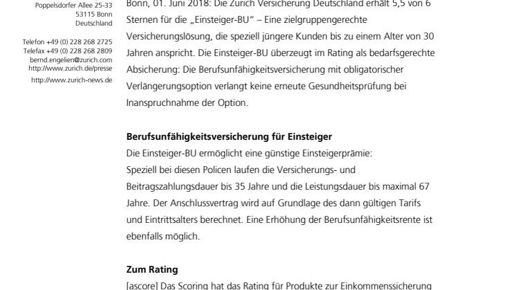 Auszeichnung für Zurich Einsteiger Berufsunfähigkeitsversicherung