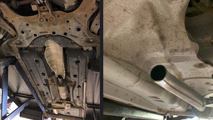 Bilderna - äldre Toyota Prius som blivit bestulen på sin katalysator. Toyota Prius är en av de mest drabbade bilmodellerna i Sverige när det gäller katalysatorstölder. Foto: Pierre Kjellin