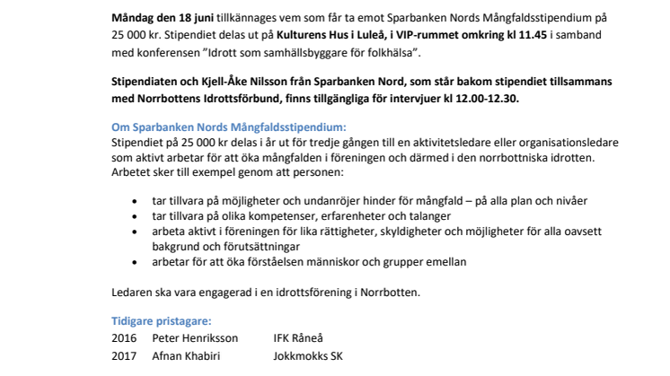 Pressinbjudan: Mångfaldsstipendiat får 25 000 kr från Sparbanken Nord