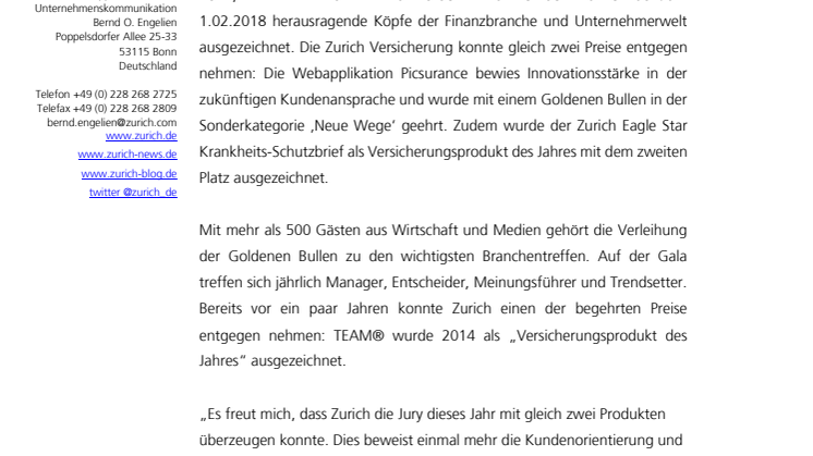„Goldener Bulle 2018“ – Doppelte Auszeichnung für Zurich