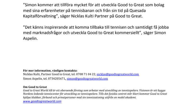 Good to Great anställer Simon Aspelin